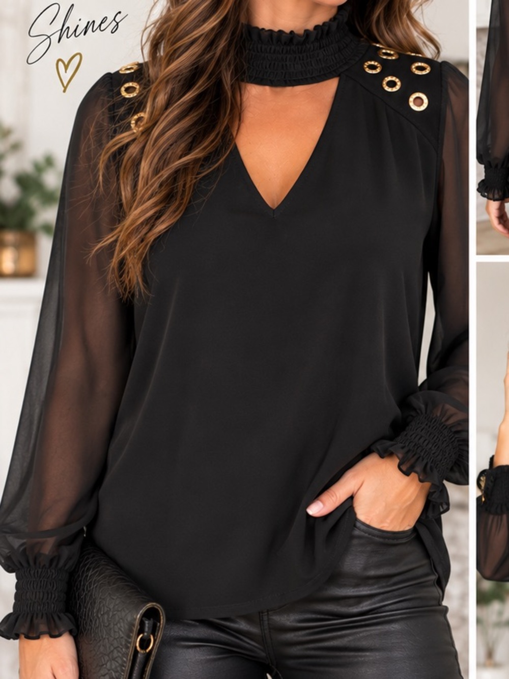 NWT Belldini Black Gold Blouse Size L Cold Shoulder Sheer Sleeves Embellished